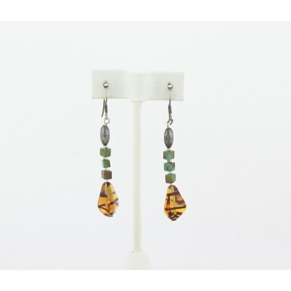 Sterling Silver Hematite, Turquoise and Amber Earrings Dangle Drop Earrings - Picture 5 of 7